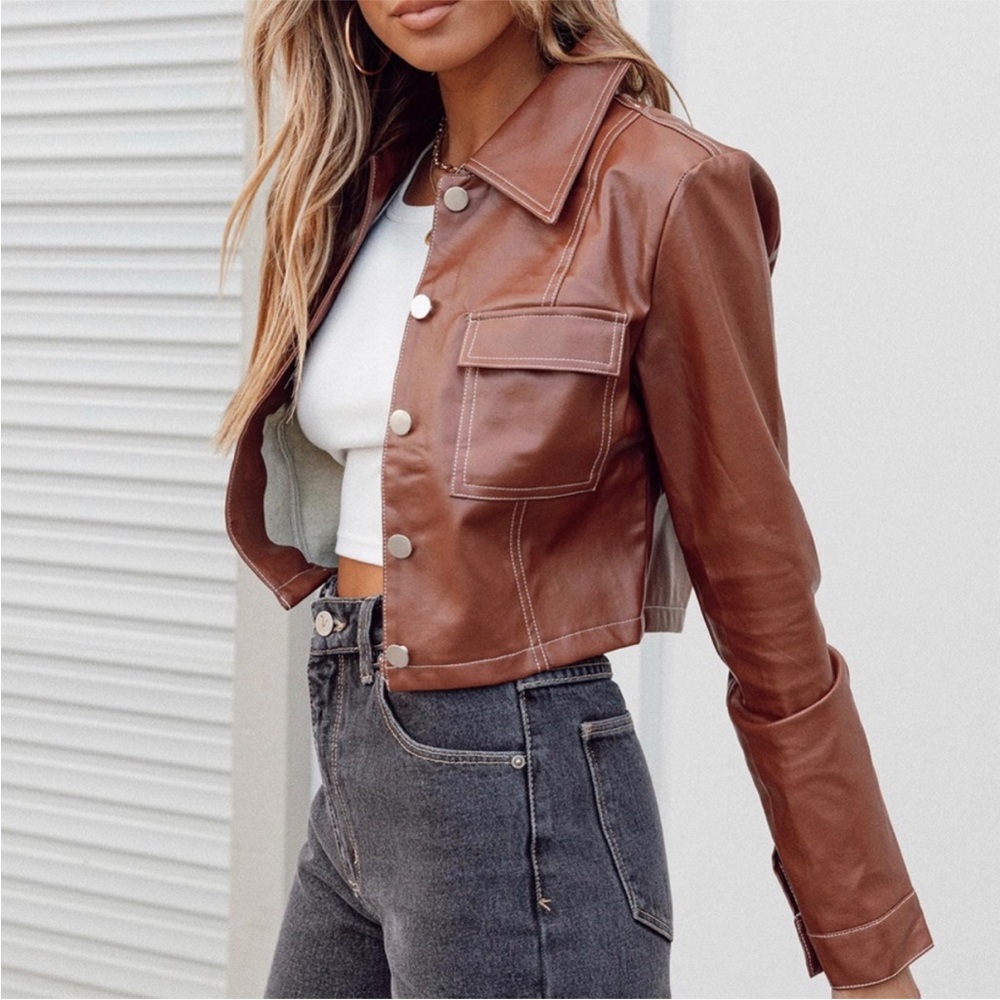 Princess Polly Brown Cropped Faux Leather Jacket